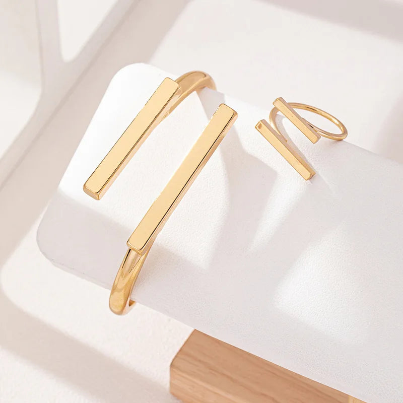 Geometric Open Bracelet & Ring Set | 2pc Stainless Steel Jewelry