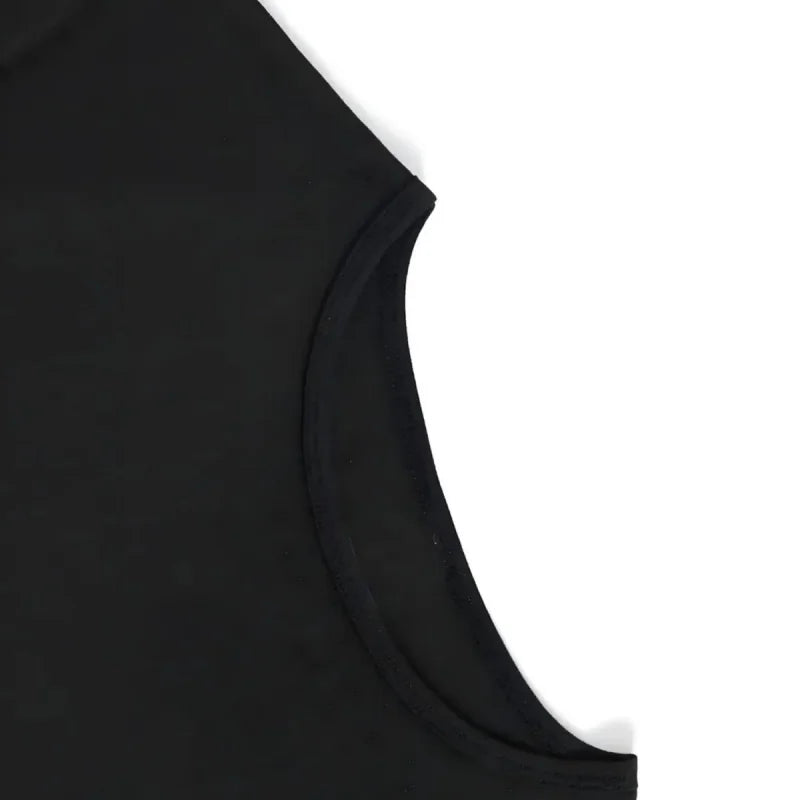 Women's black crew-neck T-shirt sleeve and side seam detail