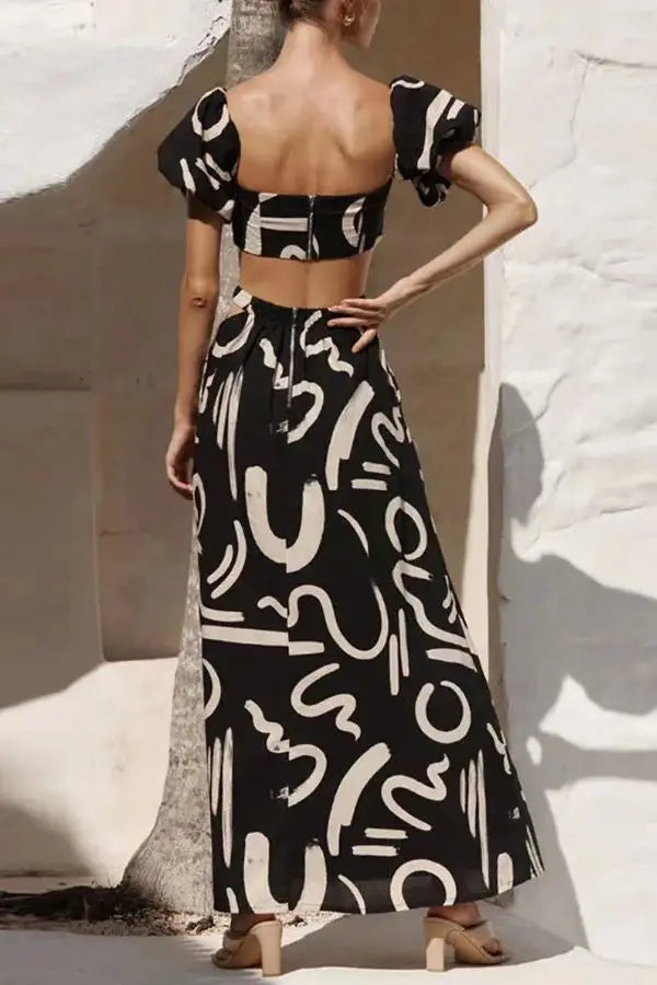 Puff Sleeve Crop Top & Hollow Waist Dress Set
