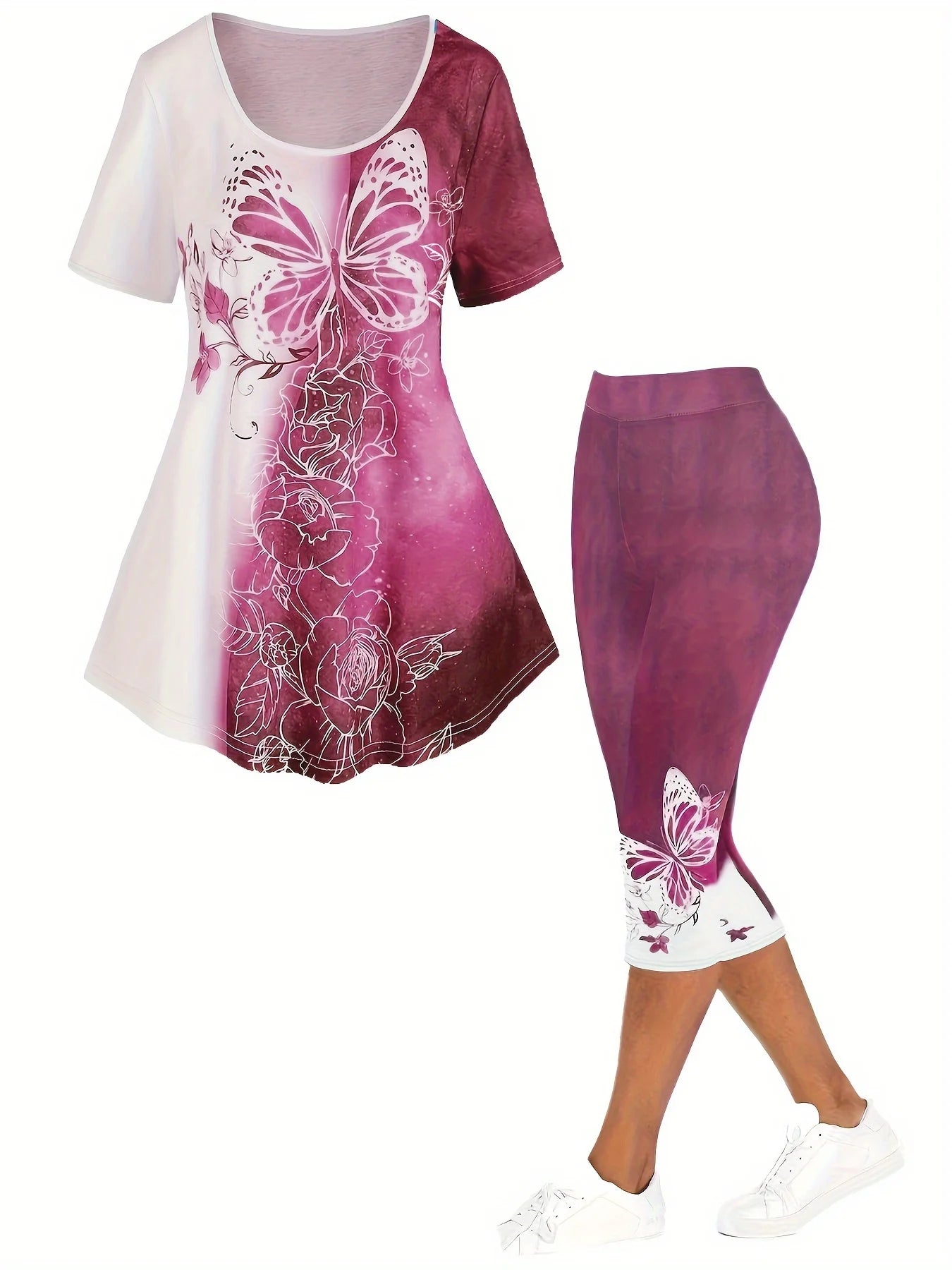 Women's plus size butterfly print set: mauve-pink short-sleeve top and capri pants