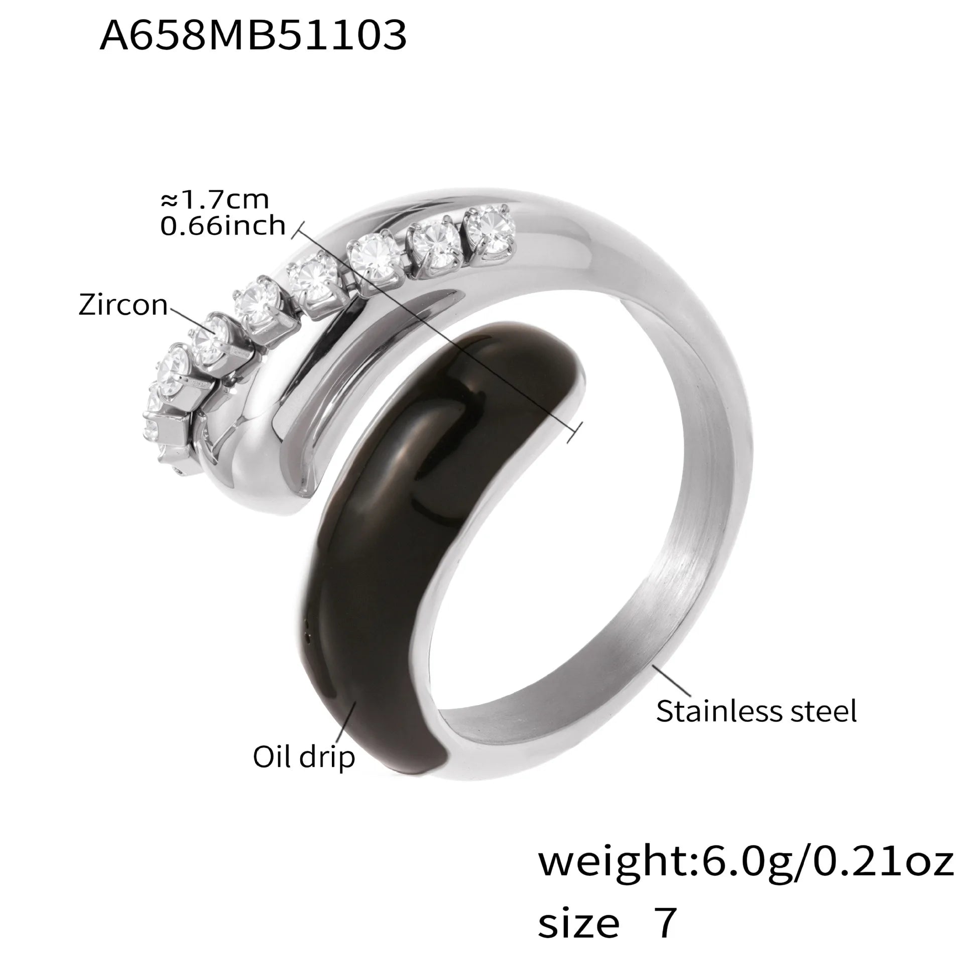 Silver-tone open ring with dark enamel curved insert and clear zircon stones