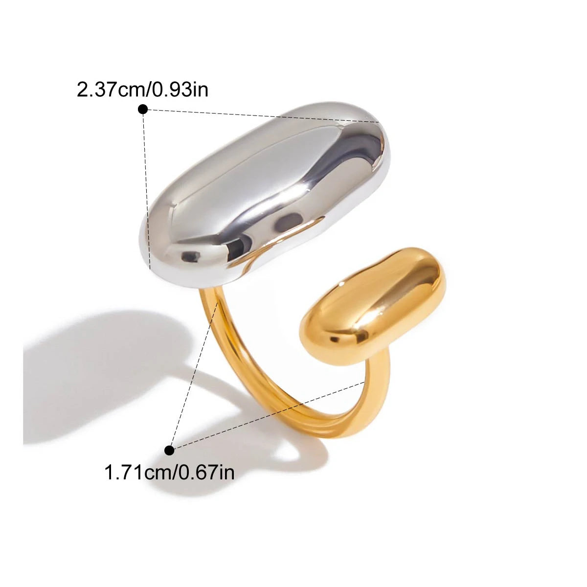 Geometric oval open ring, gold and silver plated, size view