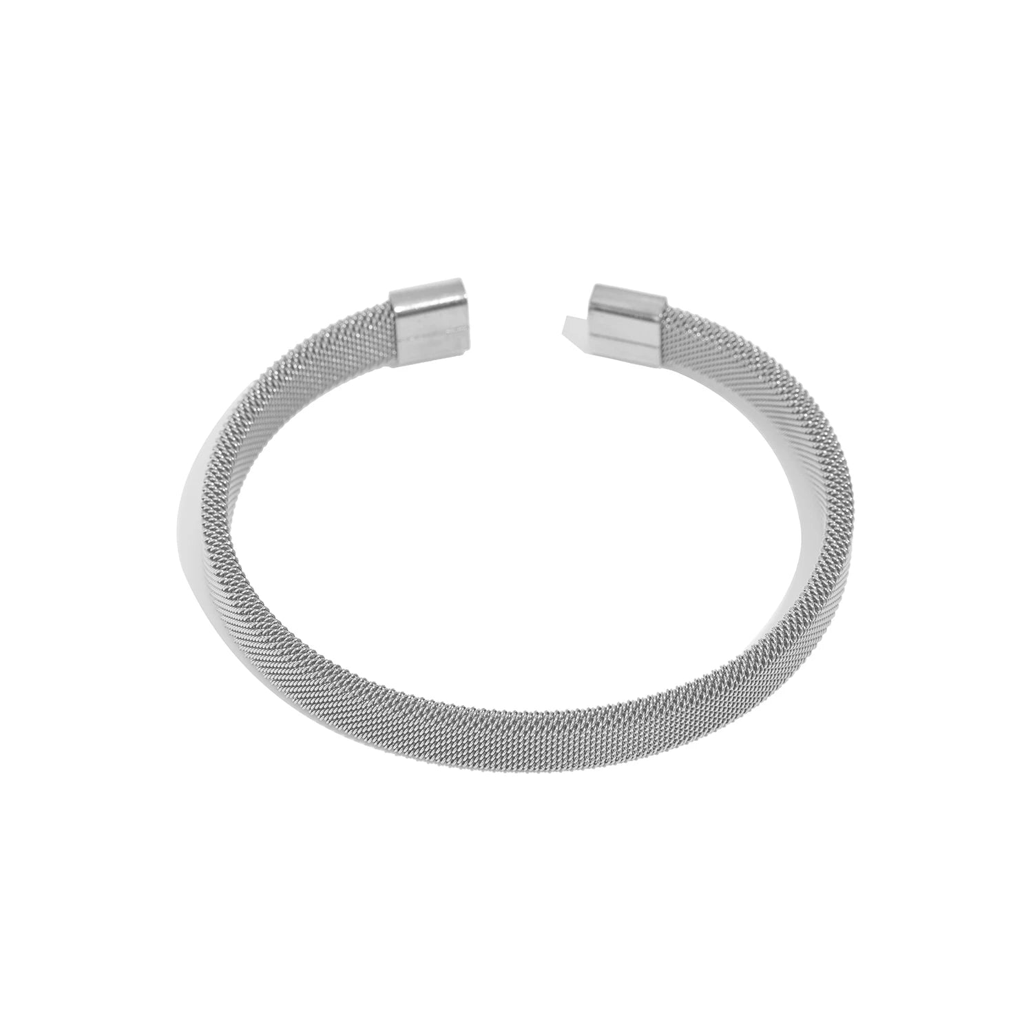 Silver mesh open bangle bracelet with textured weave and square hinge ends