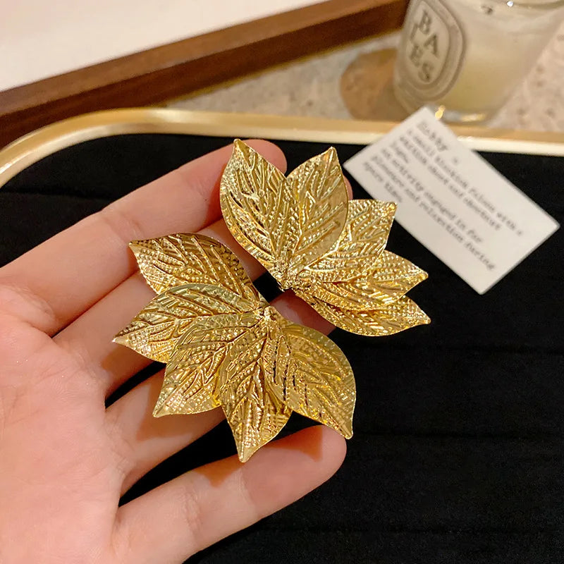 Oversized Gold Leaf Drop Earrings | Exaggerated Plant Drop Earrings for Women