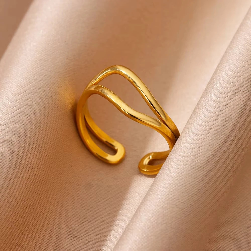 Zircon Geometric Ring Collection | 18K Gold-Plated Adjustable Stainless Steel Rings for Women