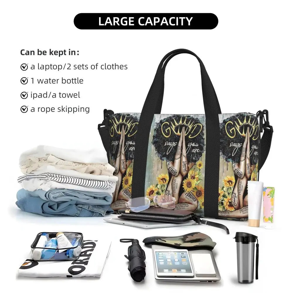African American Woman Large Capacity Tote Bag | Beach, Gym & Travel Duffle