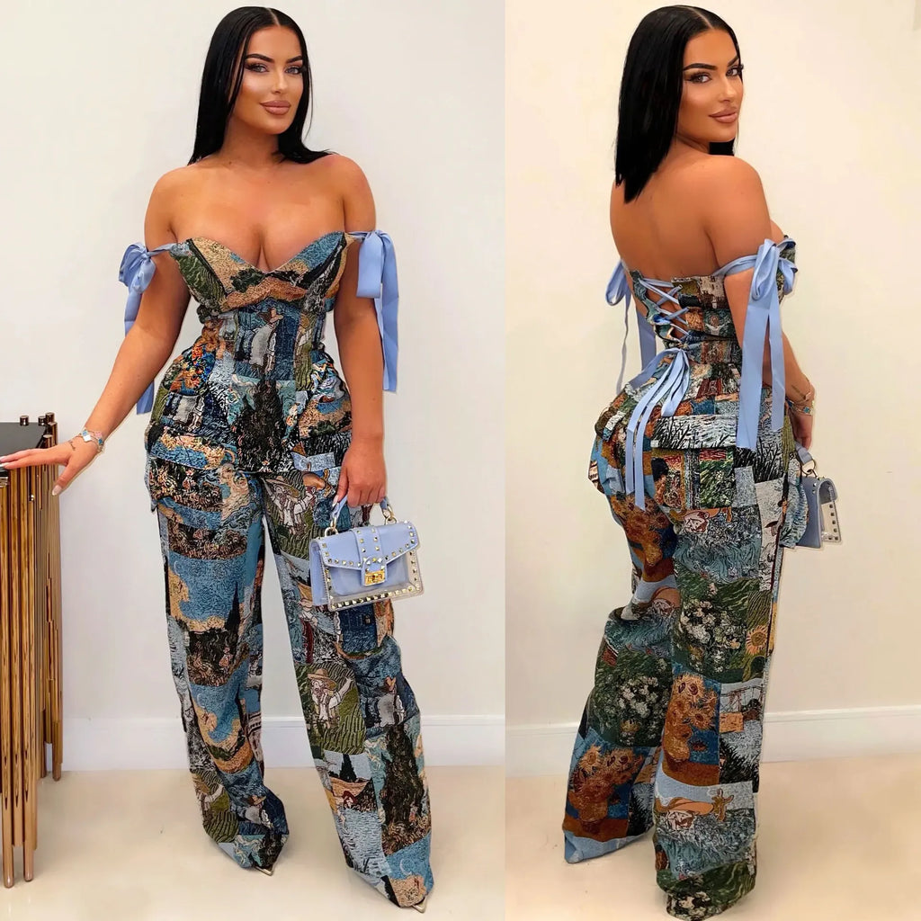 Oil Painting Print Lace-Up Crop Top & Wide-Leg Pants Set
