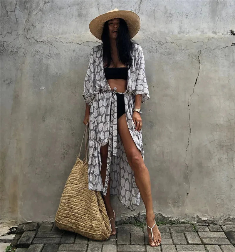 Kimono beach cover-up in white and gray snake-print, open front with tie details