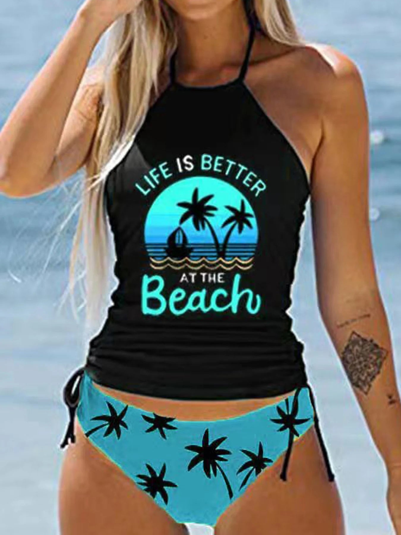 Printed Halter Tankini Set | 2-Piece High Waist Swimsuit for Women
