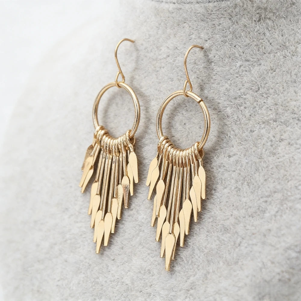 Gold Ring Tassel Drop Earrings | Geometric KC Gold-Plated Earrings for Women