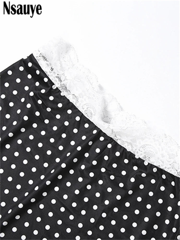 Black polka dot fabric with white lace trim on bandeau neckline