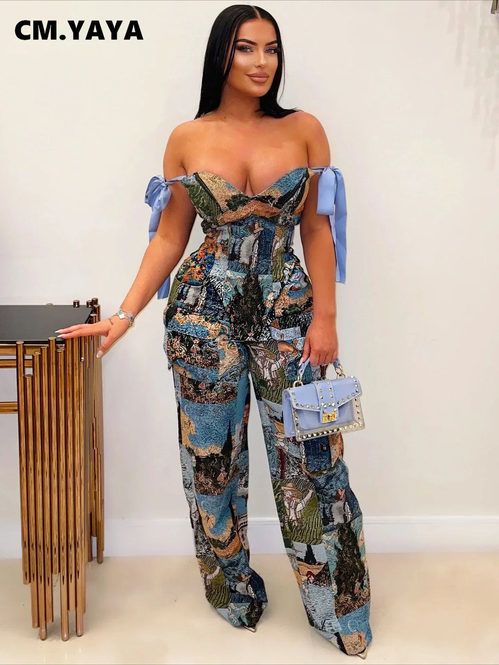 Oil Painting Print Lace-Up Crop Top & Wide-Leg Pants Set