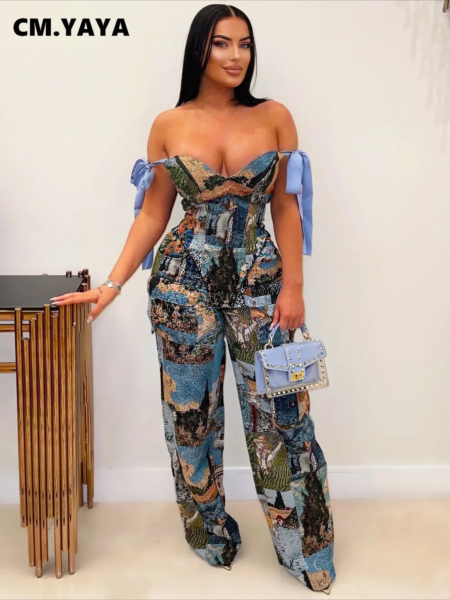 Oil Painting Print Lace-Up Crop Top & Wide-Leg Pants Set