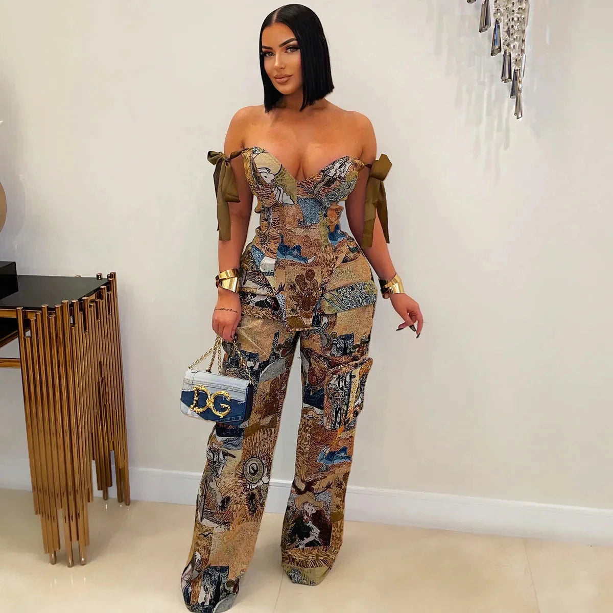 Oil Painting Print Lace-Up Crop Top & Wide-Leg Pants Set