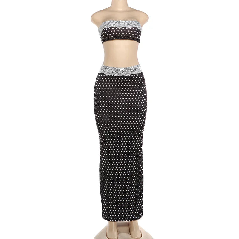 Black polka dot crop top and long maxi skirt set on mannequin, white lace trim