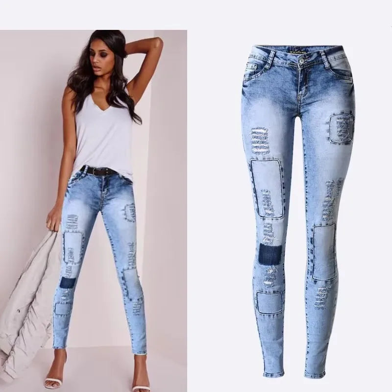 Sky Blue Patchwork Skinny Jeans | Low Waist Stretch Pencil Denim for Women