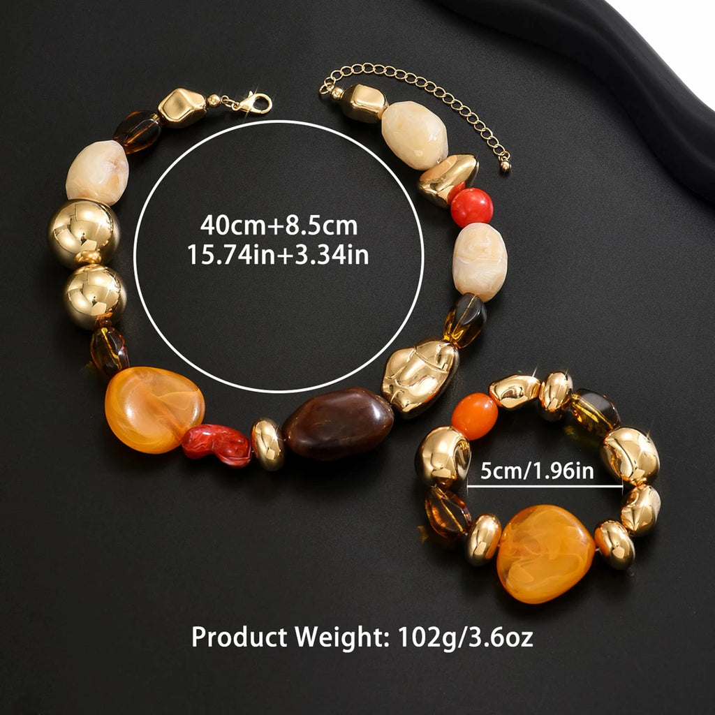 Geometric Resin Beaded Choker Necklace & Bracelet Set | Vintage Jewelry Set for Women