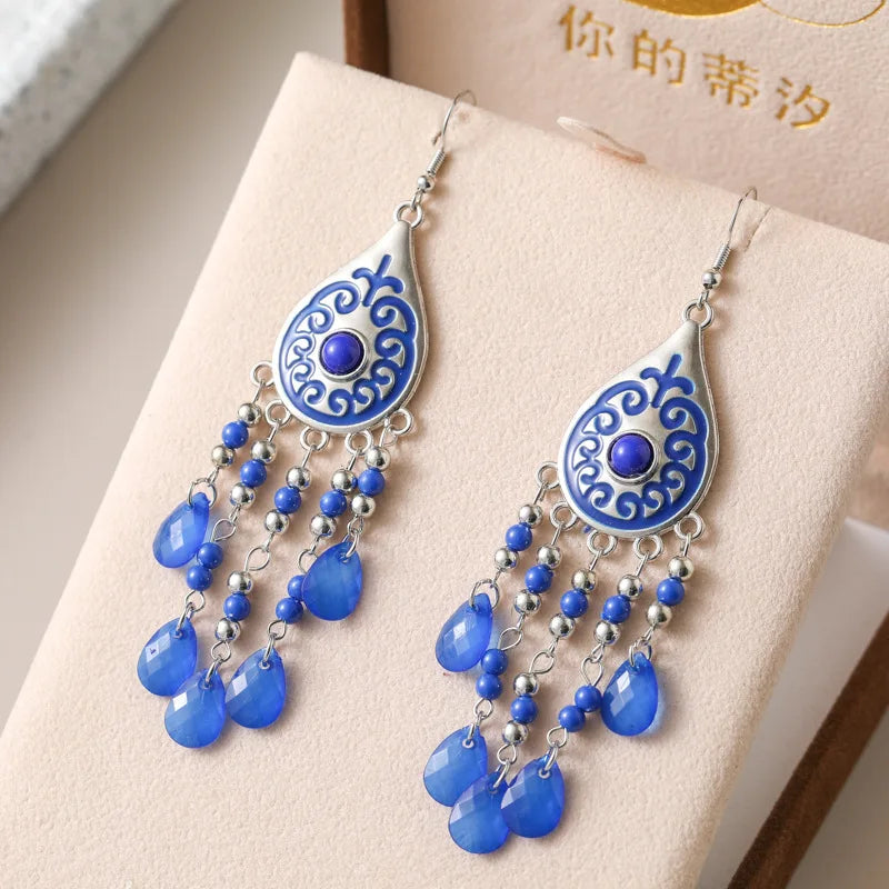 Boho water-drop bead tassel dangle earrings, blue teardrop filigree with chandelier beads