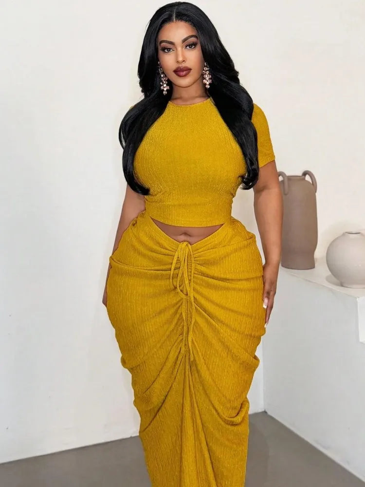 Women's yellow fitted top and ruched drawstring skirt 2-piece set
