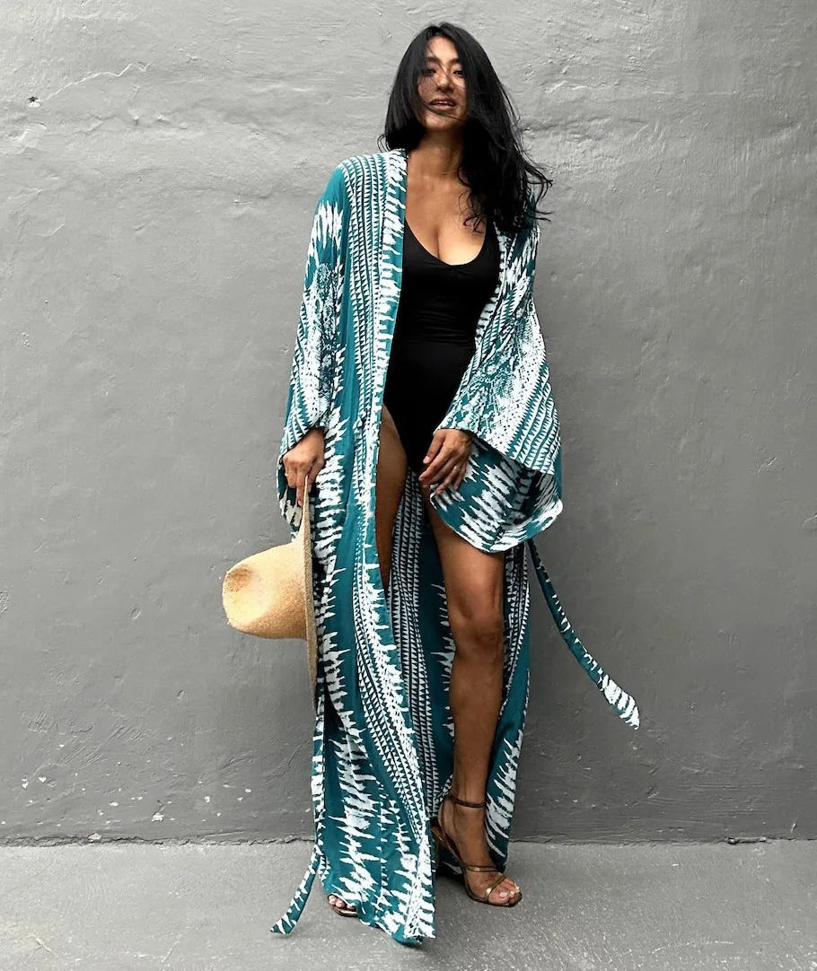 Tie Dye Kimono Wrap Dress | Self-Belted Beach Cover-Up for Women