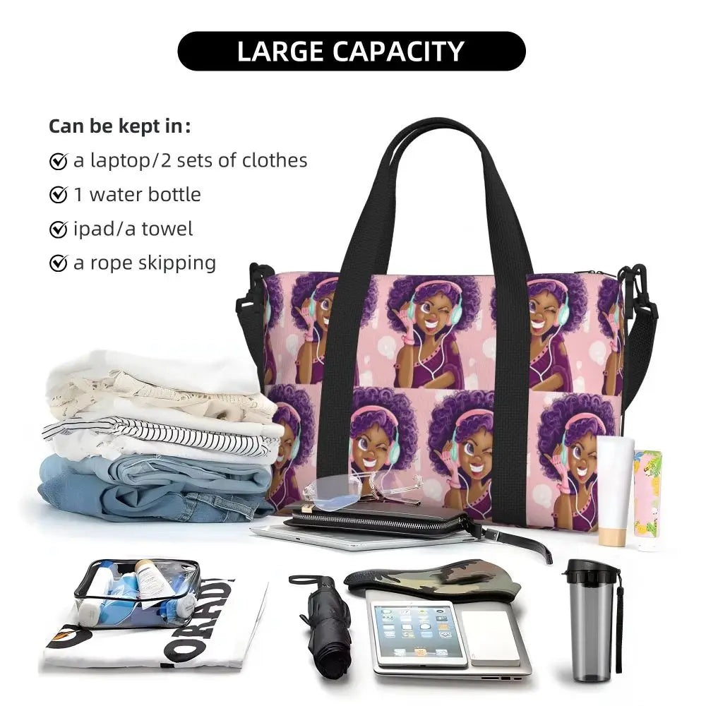 African American Woman Large Capacity Tote Bag | Beach, Gym & Travel Duffle