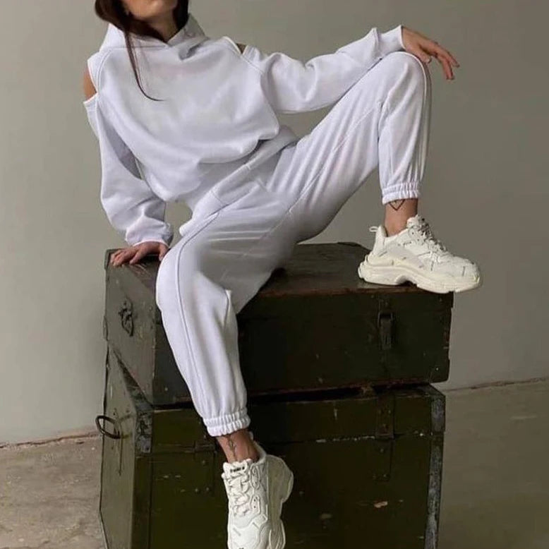 White hooded crop hoodie with matching jogger pants, elastic cuffs and waistband
