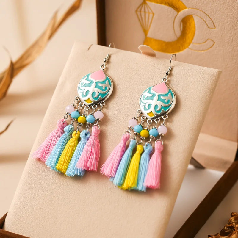 Boho tassel drop earrings with turquoise enamel teardrop charm and multicolor tassels
