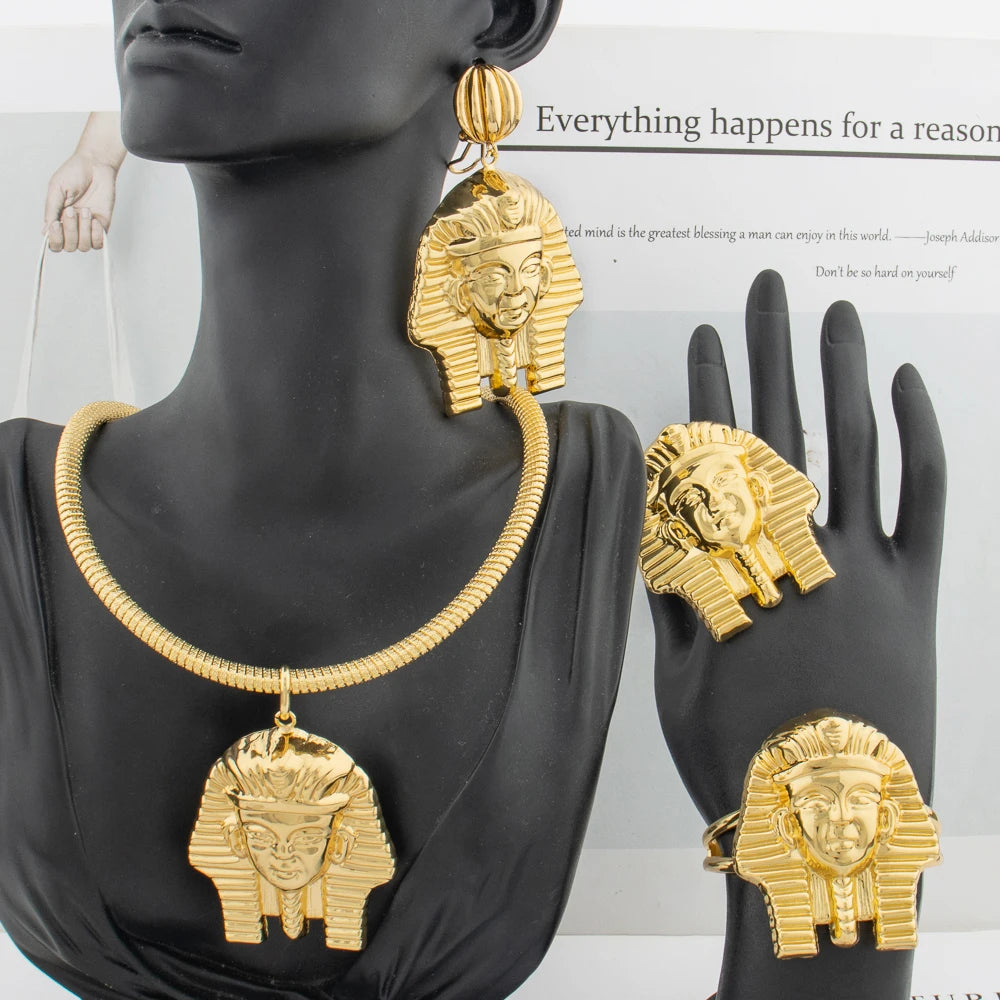 African Dubai Gold 4-Piece Bridal Jewelry Set | Necklace, Earrings, Bracelet & Ring for Women