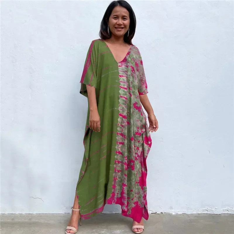 Women’s bohemian beach kaftan dress, olive green with pink floral pattern, V-neck maxi