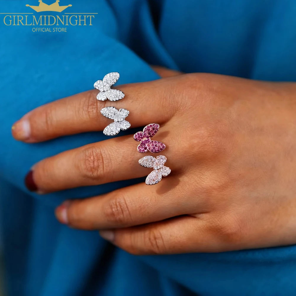 Double Butterfly Zircon Ring | 18K Gold-Plated Open Adjustable Ring for Women