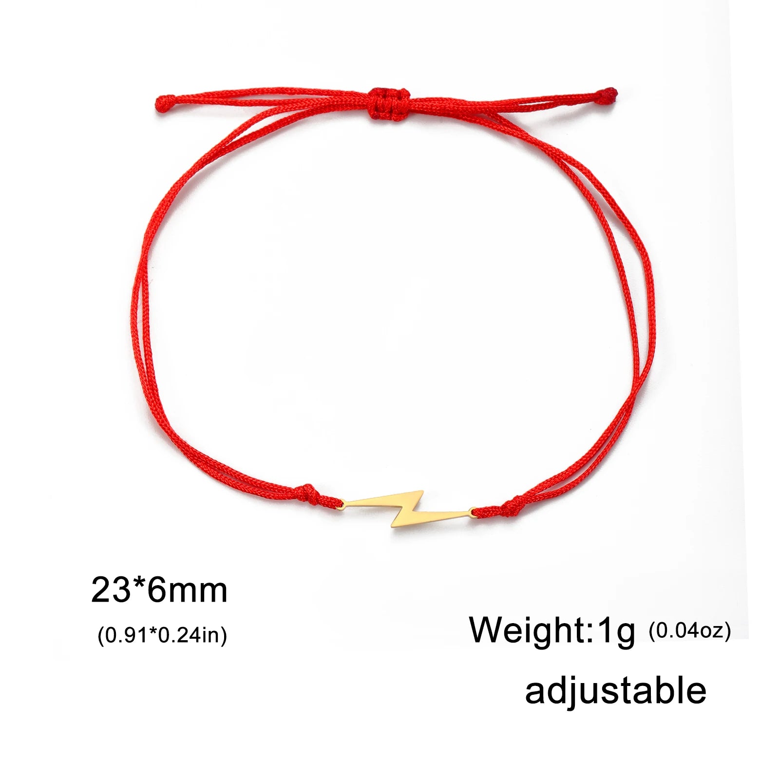 Adjustable red cord charm bracelet with small gold lightning bolt pendant