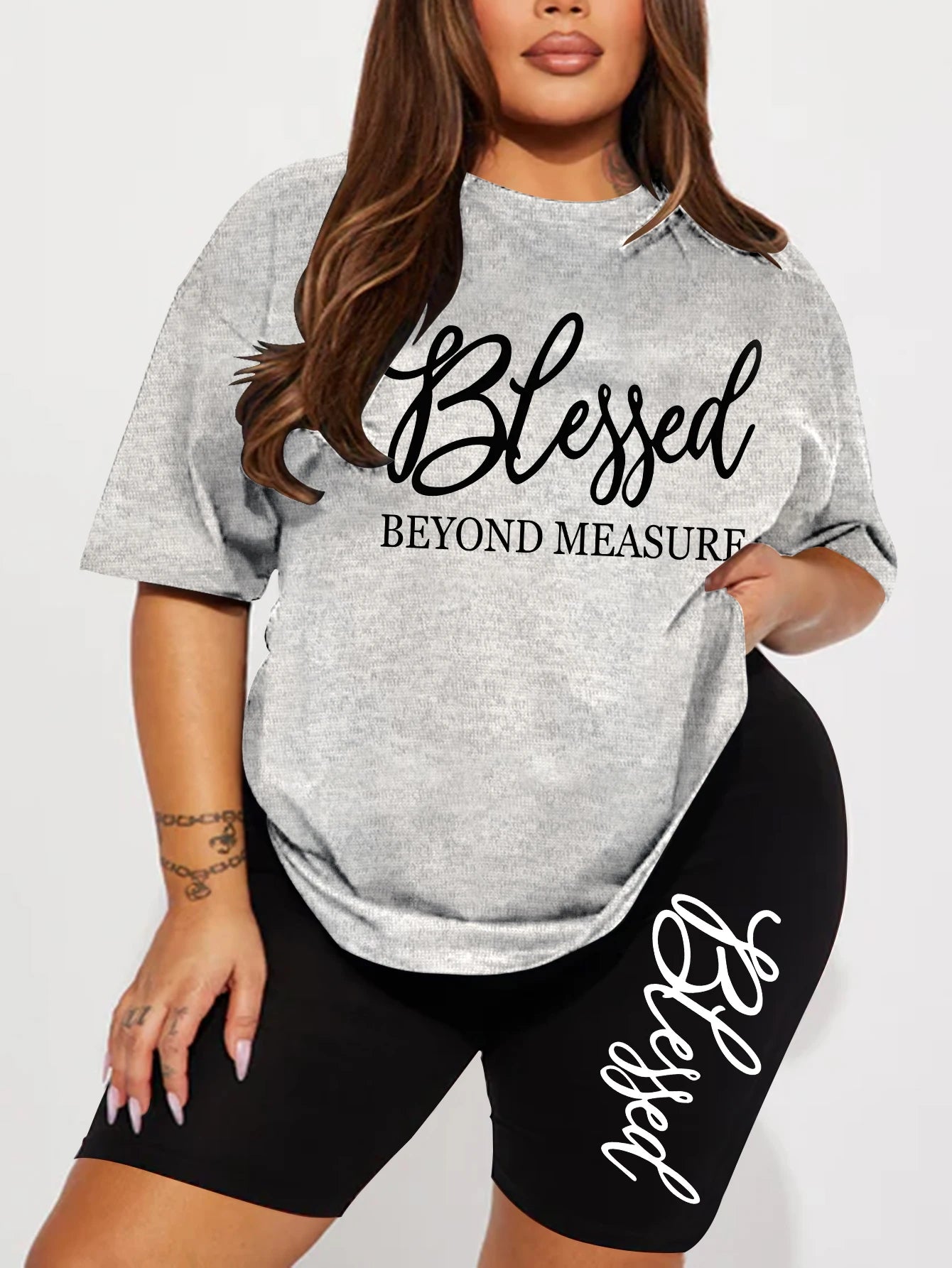 Women's plus size light grey t-shirt & shorts set with 'Blessed' graphic