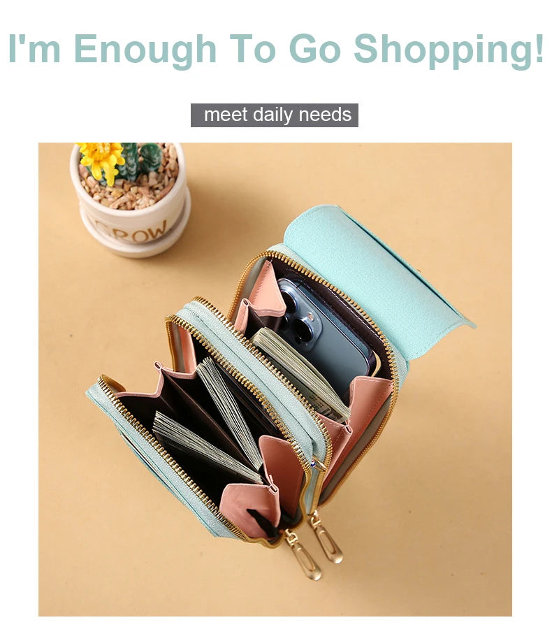 Light blue PU phone crossbody wallet with open card slots and zip closure.