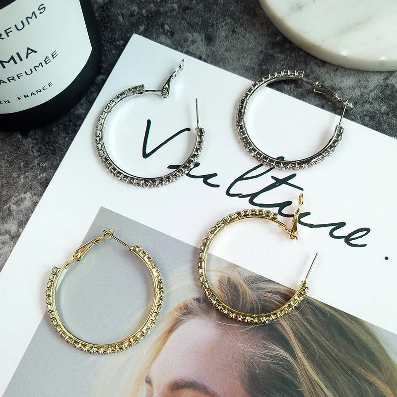 Crystal Rhinestone Big Hoop Earrings | 30–80mm Circle Hoops in Gold, Silver, Black & Rose Gold