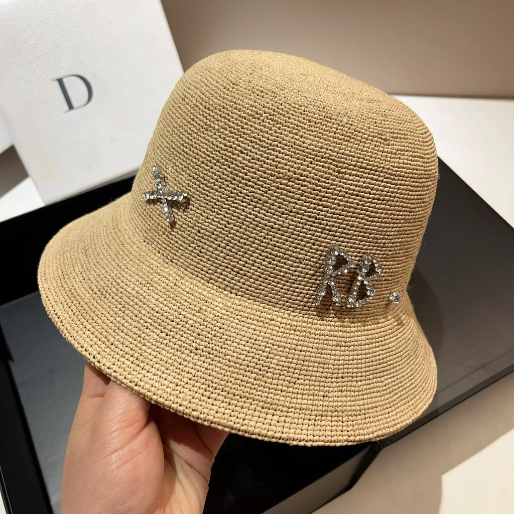 Rhinestone Luxury Raffia Crochet Bucket Hat