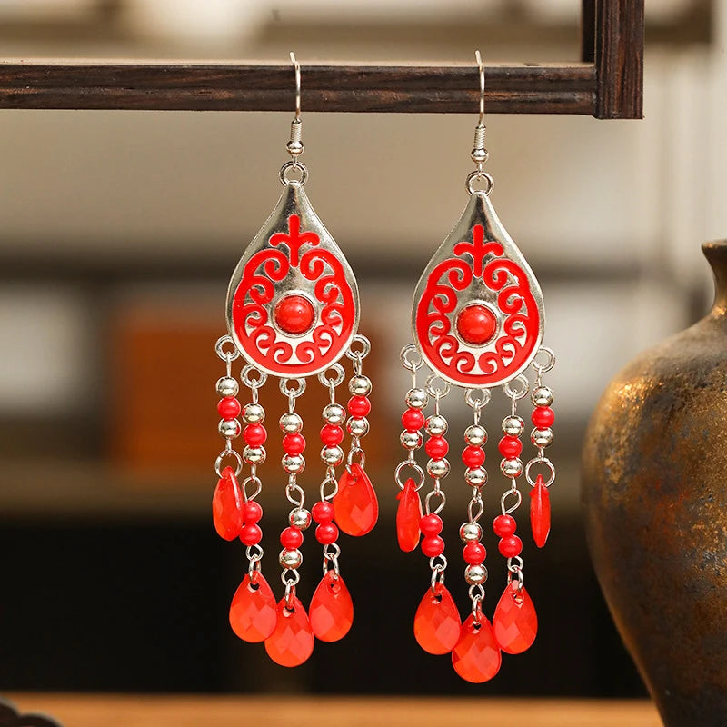 Boho water-drop bead tassel dangle earrings, red teardrop filigree with beaded tassels