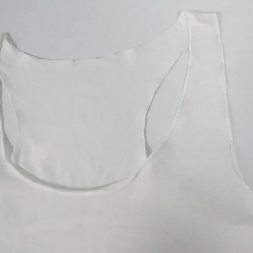 Women’s racerback tank top in white, close-up neckline and sleeveless side openings
