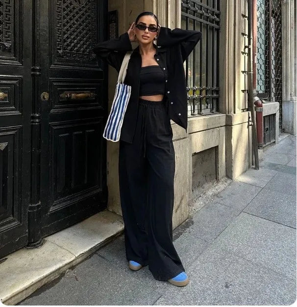 Women's linen button shirt & drawstring pants set, black, long pants with drawstring waist.