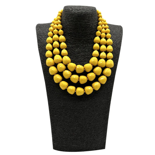 Multilayer statement necklace with large yellow wooden-style beads in 3 rows