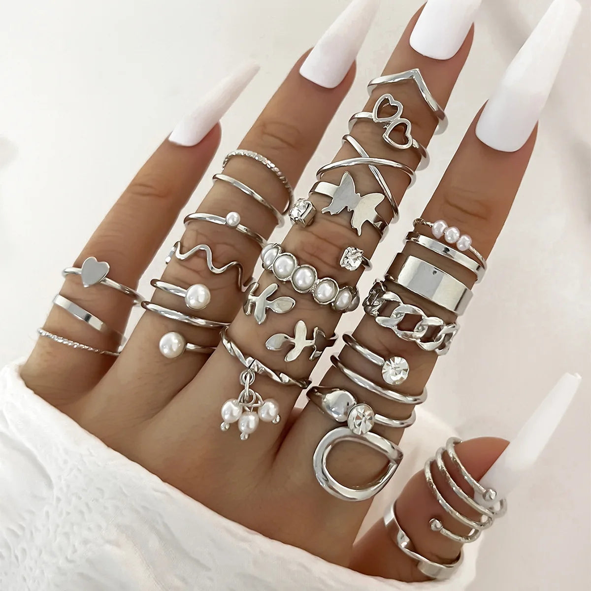 Crystal Wave & Heart Ring Set | Bohemian Stackable Rings for Women