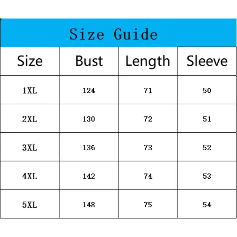 Size guide chart with bust, length, and sleeve measurements for 1XL to 5XL