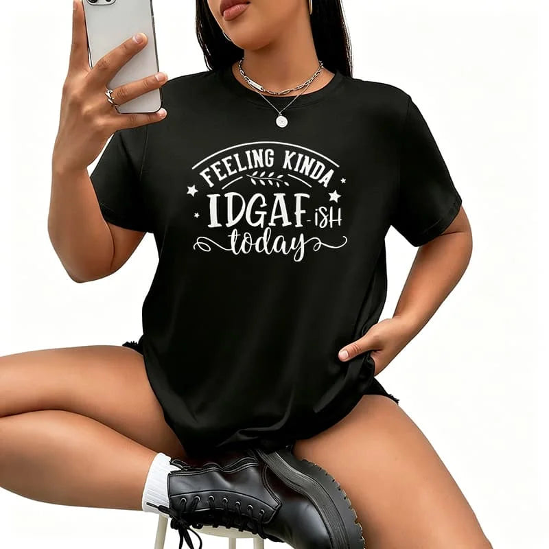 Women's black crew-neck graphic T-shirt with short sleeves and front lettering