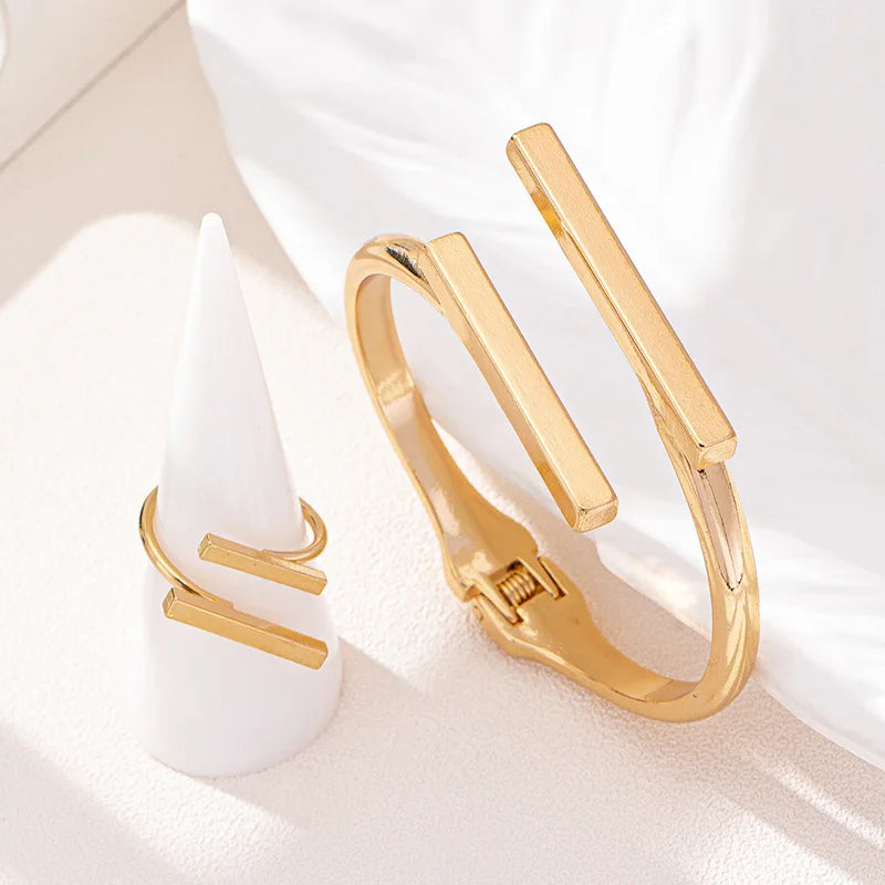 Geometric Open Bracelet & Ring Set | 2pc Stainless Steel Jewelry