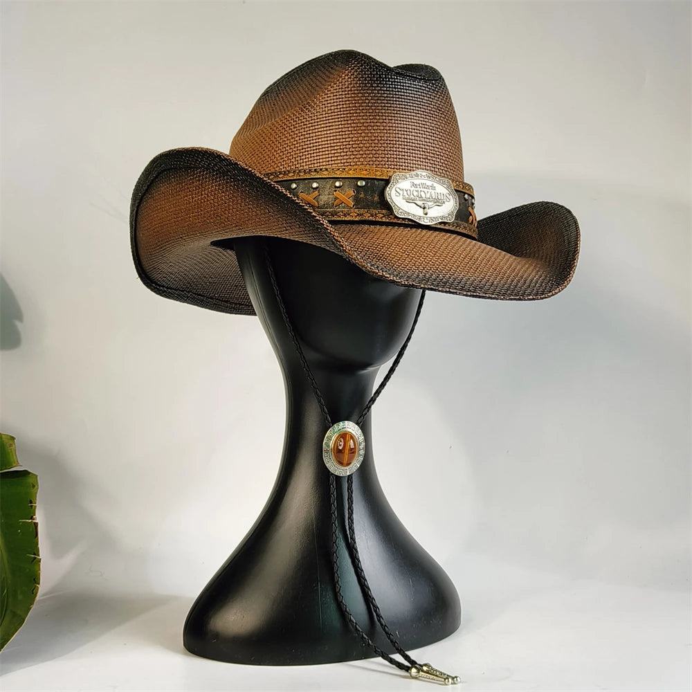Western Straw Cowboy Hat with Turquoise Bolo Tie
