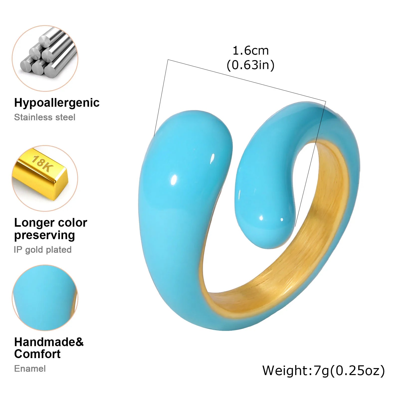 Chunky enamel crossover ring, light blue enamel with gold-tone inner band