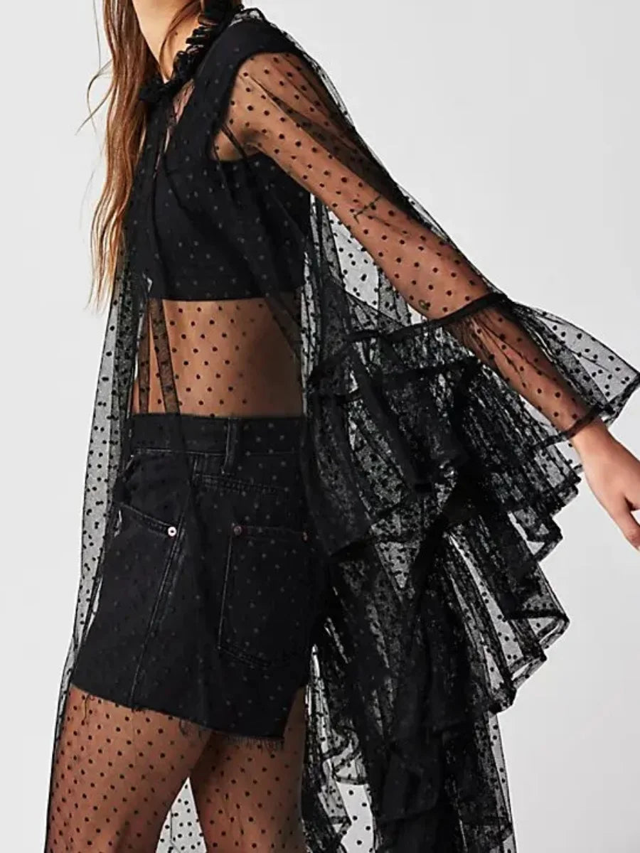 Sheer Ruffle Trim Poncho Cover-Up | Flowy Cape Shawl for Women