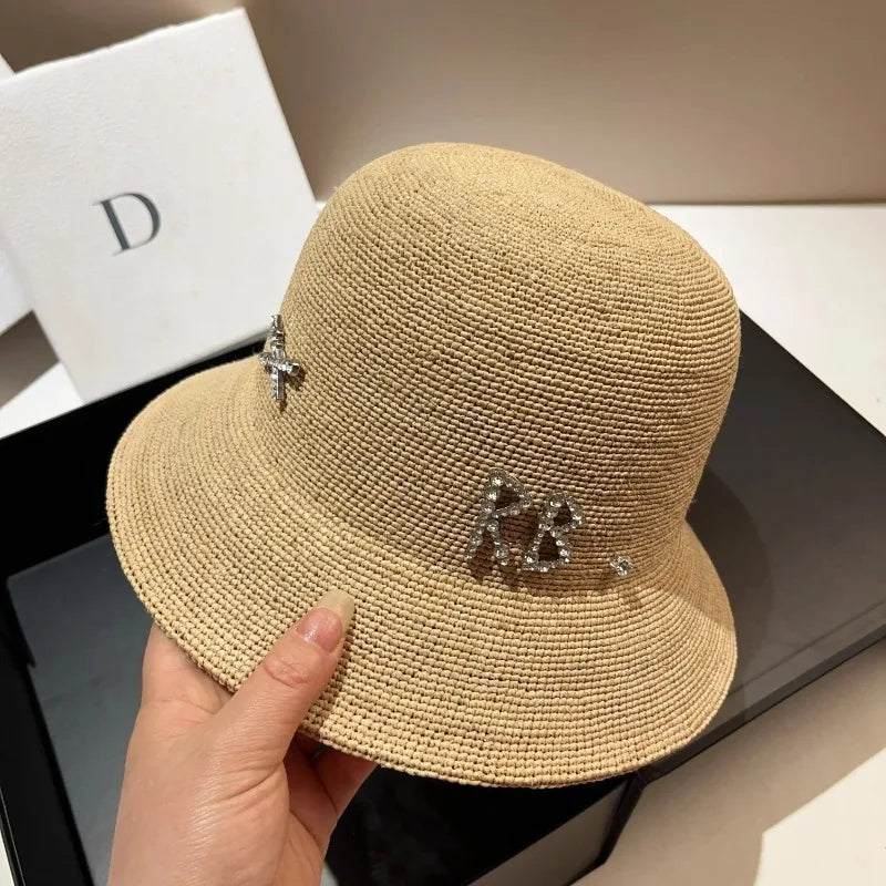 Rhinestone Luxury Raffia Crochet Bucket Hat