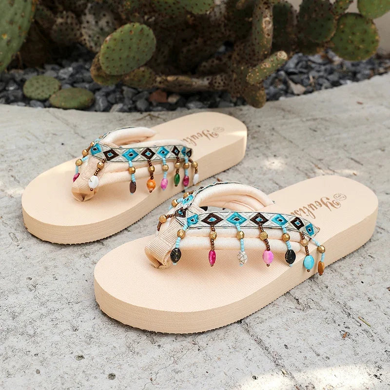 Colorful Beaded Clip Toe Sandals Women 2026 Summer Beach Tassel Flip Flops Woman Non Slip Plus Size EVA Platform Slippers Shoes
