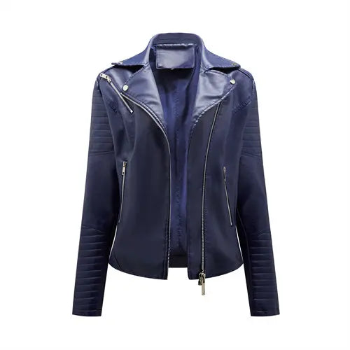 Dark blue faux leather biker jacket with v-neck, front zip, and zip pockets