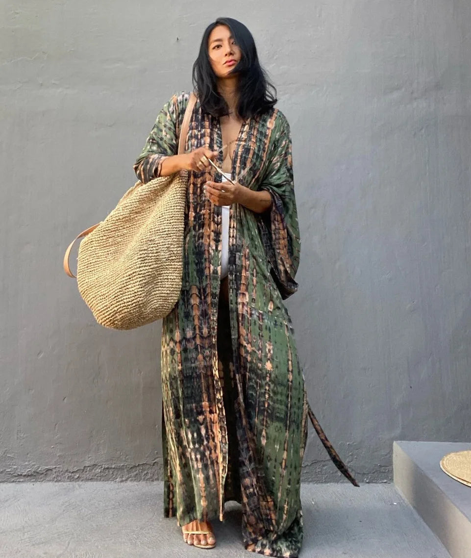 Tie Dye Kimono Wrap Dress | Self-Belted Beach Cover-Up for Women